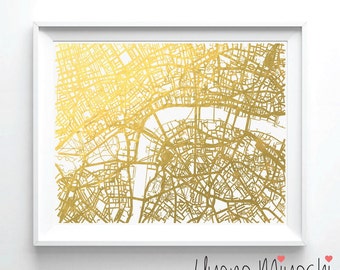 London Street Map Gold Foil Print, Gold Print, Map Custom Print in Gold, Illustration Art Print, London England Map Gold Foil Print