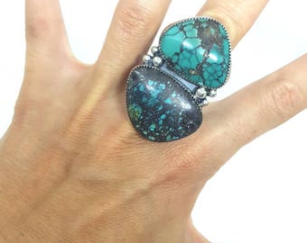 Handmade sterling silver double Hubei Turquoise Ring sz 7.75