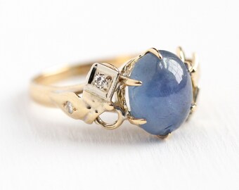 Star Sapphire Ring - Vintage 18k Rosy Yellow & White Gold Diamond Fine Jewelry - Size 4 1/4 Oval Blue Cabochon 3+ Carat September Birthstone