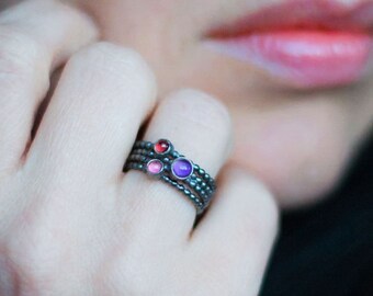 Clothing Gift Stacking Rings Set of 3 Gemstone Stacking Rings Sterling Silver Stackable Rings Oxidized Stacking Rings Unique Rustic Stacking