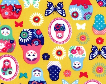 SALE - KOKKA Martyoshka Nesting Dolls Japanese Imported Fabric 100% Cotton Yellow Print
