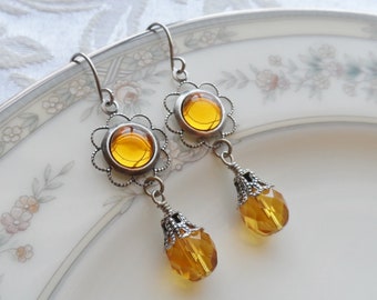 75% Off Clearance Sale, Golden Yellow , Vintage Glass Cameo, Antique Silver Finish