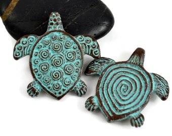 Spiral Turtle Pendant - 30mm Green Patina - Double Sided Pendant - Mykonos Beads