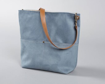 Blue Canvas Tote Bag, Bucket Bag, Blue Bag, Hobo Tote, Casual Tote Bag, Handbag, Leather strap, Blue bucket bag, Lagut, Weekend Bag, bags