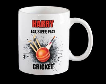 Personalised Cricket Mug, Eat, sleep play Cricket coffee mug, cricket gift