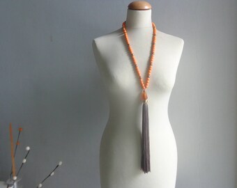 Orange brown tassel Statement necklace longer style, colorful necklace, tribal necklace
