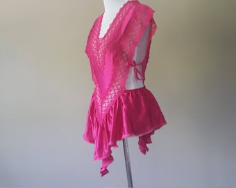 S / Vintage Teddy Romper One Piece Lingerie / Pink Satin & Lace / Small