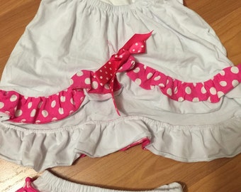 White and pink polka dots ruffled pinafore set ,ruffle diaper cover bloomer