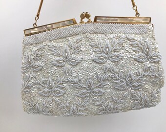 Vintage Beaded Evening Bag, Bridal Purse, Ivory White With Mother Of Pearl Trim, Bridal Evening Bag