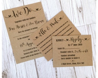 Personalised Wedding Invitation Vintage \ Rustic Day / Evening + 2 Inserts Poem Rsvp + envelope(s)