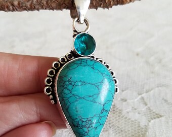 Turquoise Chakra Jewelry- Tibetan Turquoise with Blue Apatite Pendant