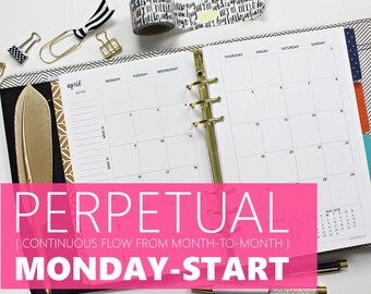 Printed Monthly Inserts PERPETUAL, MONDAY-START: 12-Months & 2 Annual Calendars, MO2P (Half-Letter Size 5.5"x8.5" - fits into A5 planners)