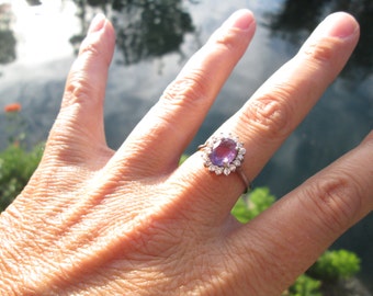 Amethyst, CZ and Sterling Silver Ring Size 8