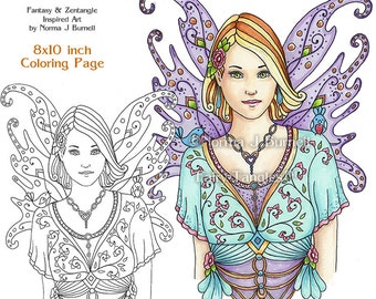 Fay Fairy Printable Coloring Book Sheets & Pages by Norma J Burnell Fairies to color Adult Coloring for Grownups Digital Coloring pages