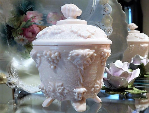 Pink Milk Glass Candy Dish / Mid Century /Grape Leaf Leaves Vine / Jeanette Glass