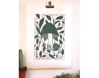 Rain protection, original woodcut print, A3, monochrome