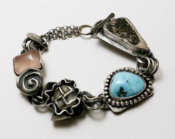 Handmade Woman's Sterling Silver Bracelet with Nevada Turquoise, Rose Quartz, and Ancient Anasazi Potsherd