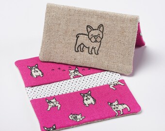 Dog Card Holder, Fabric Business Card Case, Bifold Wallet in Fushia Pink Boston Terrier