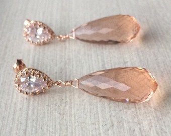 Peach Morganite Pave Posts Earrings. Pink orange Morganite jewelry. Statement earrings. Special occasions. Rose gold Studs. Briolette dangle