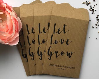 10 'Let Love Grow' Double Sided Wedding Favour Seed Packet Envelopes Personalised Kraft