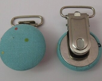 Pacifier clip fabric blue with some dots of color
