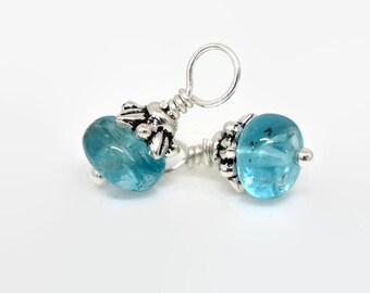 Pair of Blue Apatite Earring Charms, Dangles for Hoop Earrings, Interchangeable Charms, Earring Drops, Gemstone Charms, Sterling Silver