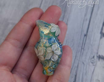 Water Garden Goddess, small, green and gold with blue Swirls and cream flowers Lampwork Focal Bead
