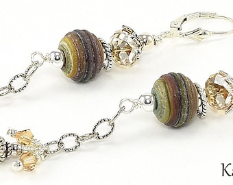 Lampwork Earrings - Lampwork Rustic Sterling Silver Swarovski Crystal Lampwork Bead Dangle Earrings - KTBL