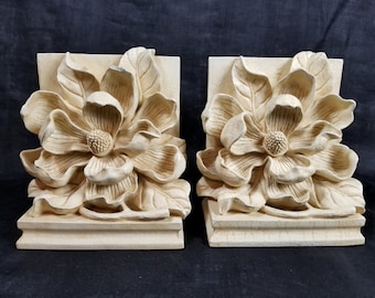 Bookend Pair Magnolia Blossom, Antique White Shabby Cottage, Iconic Vintage 80’s, Floral Bookends, Family Room, Library, Office, Living Room