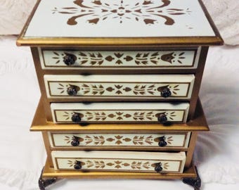 Vintage Large Ornate CREAM and GOLD Wood Jewelry Music Box