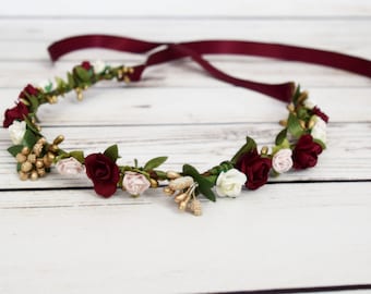 Handcrafted Burgundy Wine Pink Ivory Gold Flower Crown - Adult Flower Crown - Bridesmaid Flower Halo - Renaissance Flower Crown - Wedding