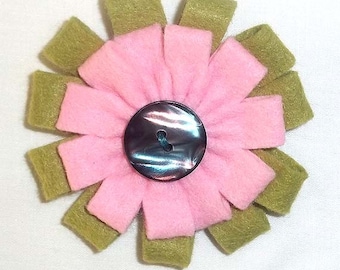 Pink and Green Felt Flower Brooch Accessory