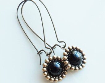 50% Off Clearance Sale, Black Vintage Glass Earrings, Antique Brass Finish