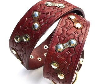 Reddish Brown Tooled Leather Dog Collar with Zig Zag Bike Chain Links to fit a 18-21in Neck, Large Dog, Eco-Friendly, Seattle Handmade, OOAK