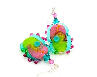 Pink Blue Green Earrings, Abstract Earrings, Lampwork Earrings, Glass Earrings, Glass Bead Earrings, Unique Earrings, Glass Art Earrings