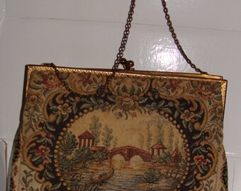 Vintage Handbag, Tapestry, Pink Lining, Pinch to Close