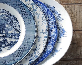 Mismatched Blue and White Dinner Plates for Weddings Set of 4 English Blue Transferware English China, Rustic Replacement China