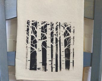Flour Sack Towel, Birch Tree Towel, Nature Towel, Birch Tree Print, Organic Cotton TeaTowel, Eco Friendly, Organic Cotton, Block Print