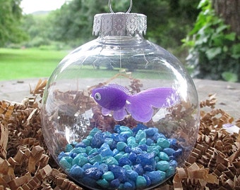 Fish Bowl Ornament - Purple Fish with Blue Stones - Christmas Ornament, Co-Worker Gift, Ornament Exchange Gift