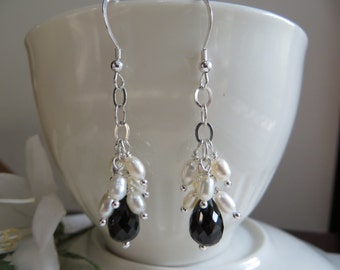 Black Spinel Earrings, White Freshwater Pearl Earrings, Briolette Drop Earrings, Sterling Silver Earrings, Faceted Earrings, Dangle Earrings