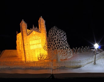 King's College Chapel birthday Christmas card from an altered book sculpture Cambridge University