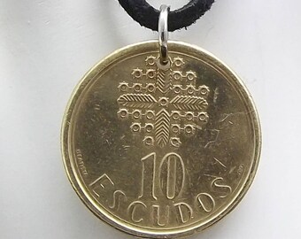 Portugal Coin Necklace, 10 Escudos, Coin Pendant, Leather Cord, Mens Necklace, Womens Necklace, 1990