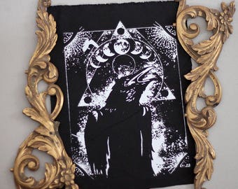 handprinted backpatch crow raven occult