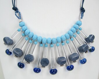 Handmade Glass Lampwork Headpin Necklace with Earrings Denim Blue