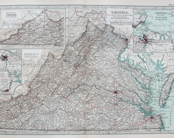 Antique Map : Virginia, USA, US State Map. Encyclopedia Britannica, 1890s (76)