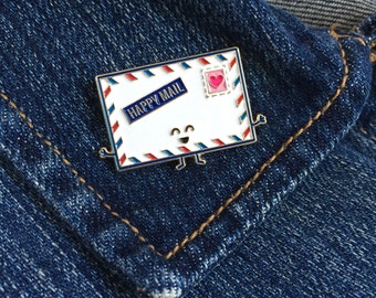 Happy Mail Enamel Pin - envelope snail mail stamp air mail letter lapel
