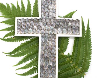 Abalone Cross, Wall Cross, Crucifix, Hanging Wall Cross, Baptism Gift, Housewarming Gift, Wedding Gift, Beach Cottage Decor Nautical Decor