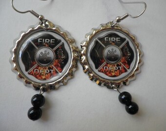 Fire Dept Earrings on flattened Bottlecaps