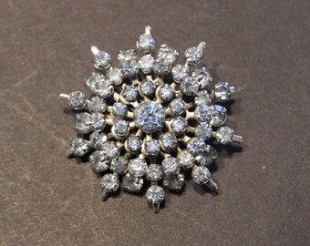 Vintage Snowflake Three Dimensional Brooch Silver Tone Blue Rhinestones Prong Set