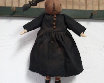 Primitive Folk Art Pumpkin Head Doll and Her Bat - Halloween